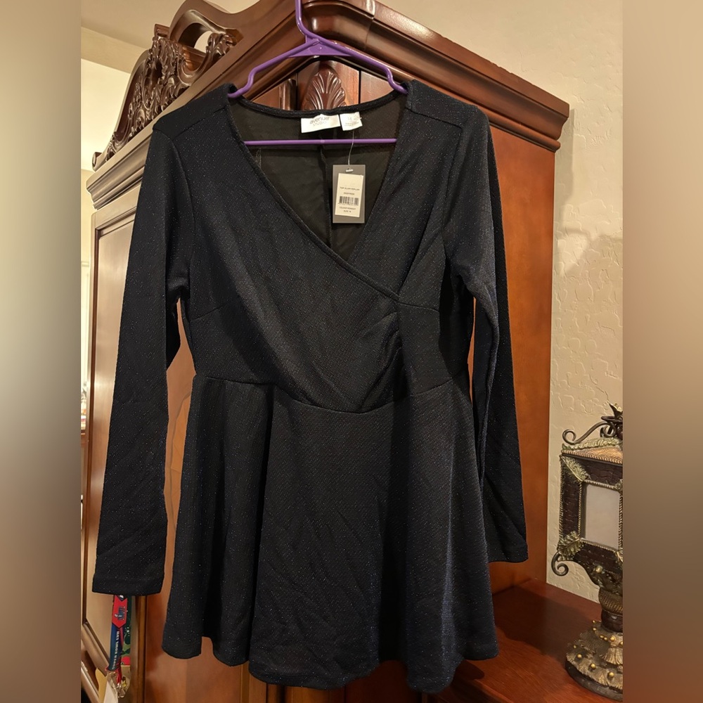 Women's Black Long-Sleeve Wrap Fit-and-Flare Dress blue sparkle size 14